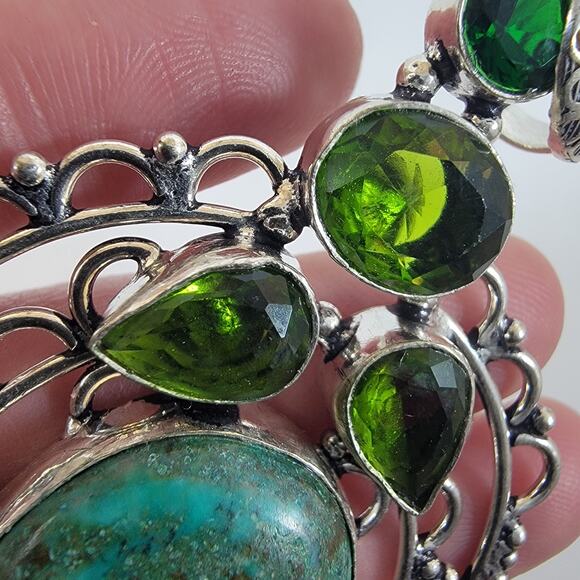 Handmade Silver Pendant with Turquoise and Green Peridot Gems - Picture 6 of 9